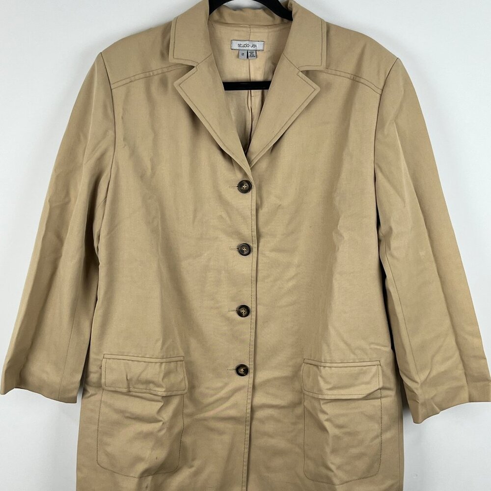 Studio Jax Blazer Jacket Size 12 Beige 3/4 Sleeve Single Breasted 4 Button Lined
